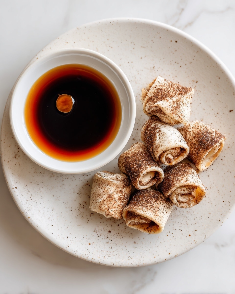 The image shows several small rolled and folded pieces of a thin, light beige pastry sprinkled generously with a dark brown powder, arranged in a loose cluster on a white plate with subtle speckles. Each piece reveals soft, layered textures inside with some edges slightly crisped and coated with the brown powder, giving a crumbly look. On the left side of the plate is a round white bowl filled with a thick, glossy dark brown dipping sauce with an amber oil spot floating on top, creating a smooth contrast against the rougher pastry texture. The setup rests on a white marbled surface, enhancing the warm, cozy feel of the dish. photo taken with an iphone --ar 4:5 --v 7