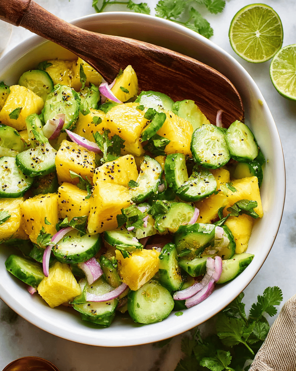A white bowl filled with a fresh salad made of three layers: large yellow pineapple chunks with a shiny texture on the top, bright green cucumber slices with a smooth texture mixed evenly throughout, and thin purple-red onion slices scattered among the fruits and vegetables. The salad is sprinkled with tiny black seeds and small green cilantro leaves for garnish. A large wooden spoon is resting inside the bowl, partially scooping the salad. The background shows fresh lime halves and some green herb leaves on a white marbled surface. photo taken with an iphone --ar 4:5 --v 7