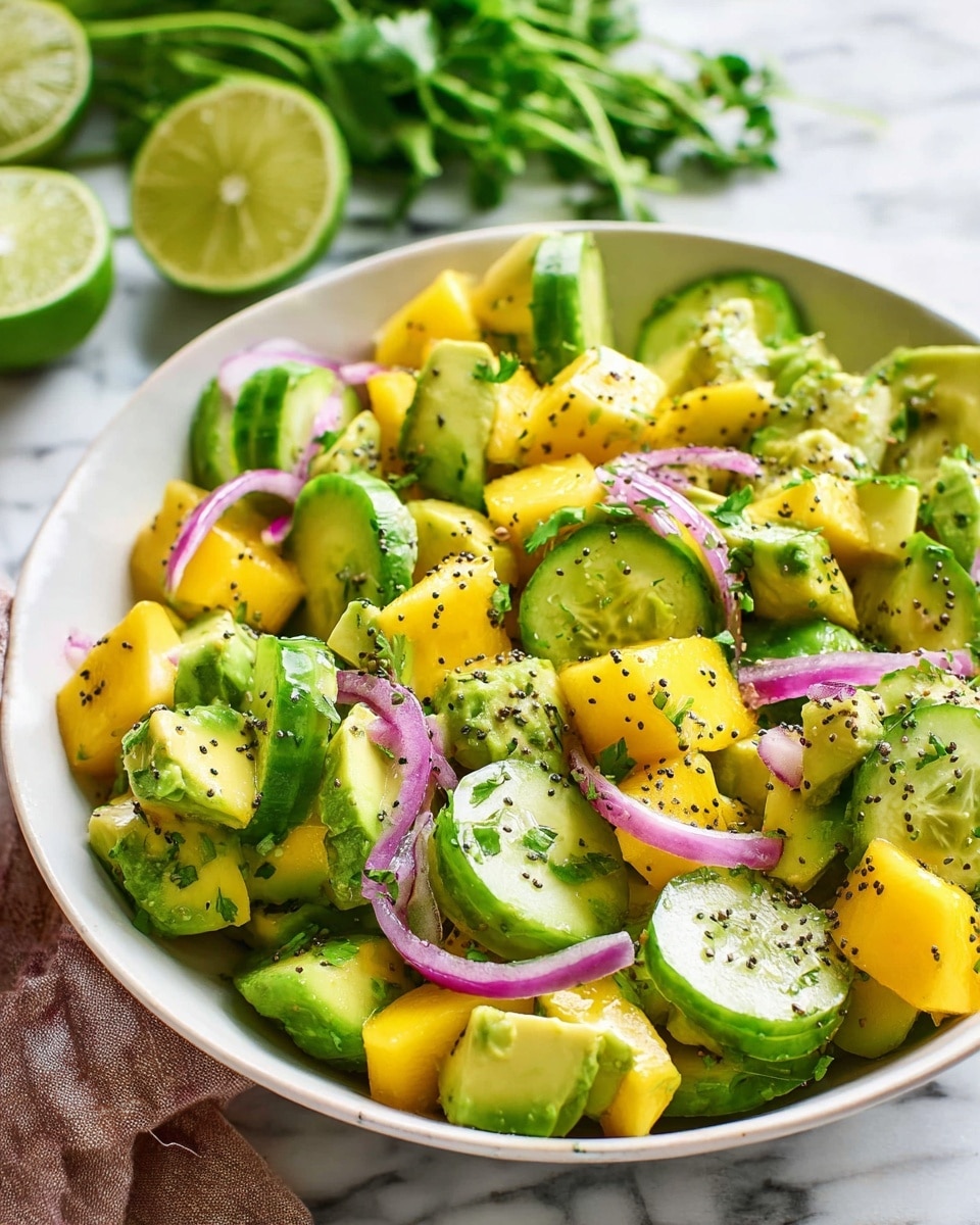 A fresh salad in a white bowl featuring three main layers: the base layer is bright yellow mango chunks with a soft texture, mixed evenly with light green avocado pieces that have a creamy look. On top of these, thick slices of vibrant green cucumber add a crisp texture. Thin strips of red onion are scattered throughout, adding a slight purple contrast. The salad is sprinkled with small black poppy seeds evenly over the top. The bowl sits on a white marbled surface with a lime halved and fresh green herbs blurred in the background, giving a fresh and healthy feel. photo taken with an iphone --ar 4:5 --v 7