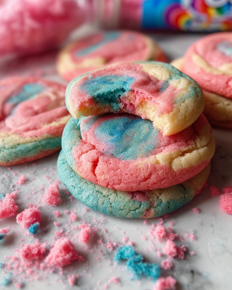 A close-up of several round, soft cookies with a swirled pattern of pink and blue colors on top, stacked on a white marbled surface. The cookie on top has a bite taken out of it, revealing a soft, slightly crumbly inside with the swirled pink and blue colors continuing through the interior. Around the cookies, loose pieces of pink and blue cotton candy are scattered, and a colorful cotton candy wrapper is partially visible in the background. Photo taken with an iphone --ar 4:5 --v 7