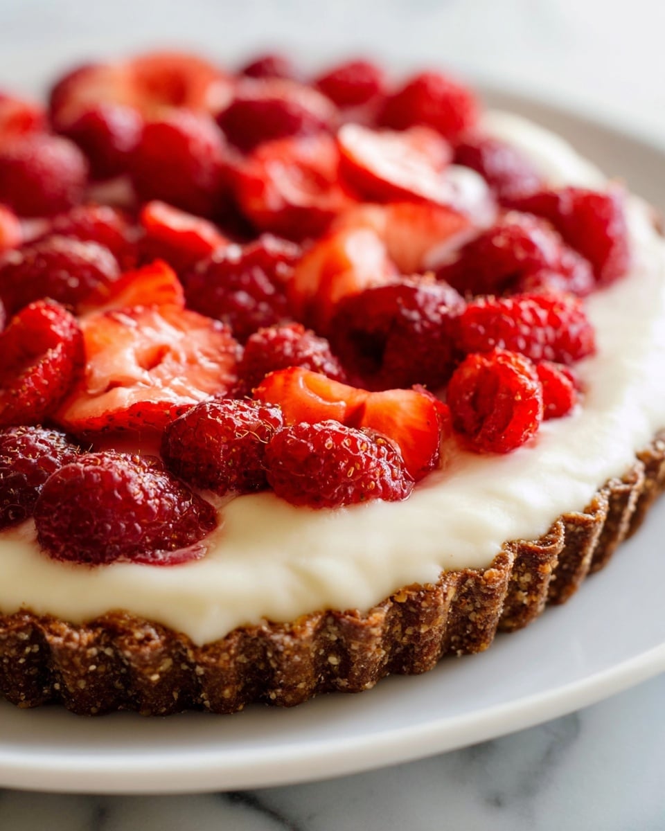 A tart with three distinct layers sits on a white plate over a white marbled surface. The bottom layer is a thick, crumbly brown crust forming a sturdy base with a scalloped edge. Above it, a smooth, creamy white layer spreads evenly to the tart's edge, appearing soft and silky. The top layer is decorated with bright red strawberry slices and whole raspberries scattered across the cream, creating a colorful, fresh look. To the top right, a glass with a light amber liquid sits partially in frame. photo taken with an iphone --ar 4:5 --v 7