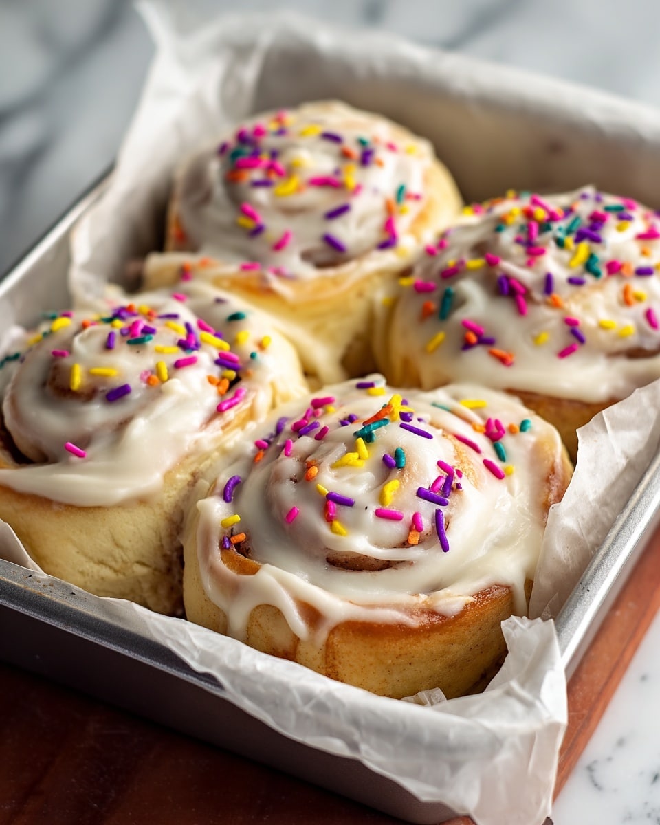 The image shows a close-up of four cinnamon rolls in a silver baking pan lined with white parchment paper, each topped with a thick layer of creamy white icing. The icing is spread unevenly, covering the rolls generously and sprinkled with colorful, small oblong rainbow sprinkles in shades of yellow, purple, pink, red, blue, and green. The cinnamon rolls themselves have a light golden brown color with hints of cinnamon swirls visible beneath the icing. The pan sits on a wooden surface with a white marbled texture background. photo taken with an iphone --ar 4:5 --v 7