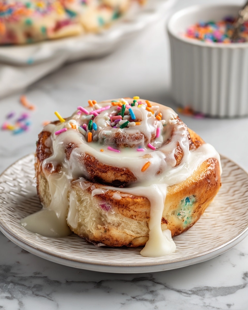 A single cinnamon roll sits in the center of a white plate with a textured rim, showcasing three thick layers of soft, swirled dough with visible bits of colorful sprinkles baked inside. The cinnamon roll is generously covered with creamy white icing that drips down the sides, adding a shiny, smooth texture. More multicolored sprinkles are scattered on top, giving a fun and playful look. In the slightly blurred background, there is a portion of dough with sprinkles and a white ramekin partially visible, all placed on a white marbled surface. photo taken with an iphone --ar 4:5 --v 7