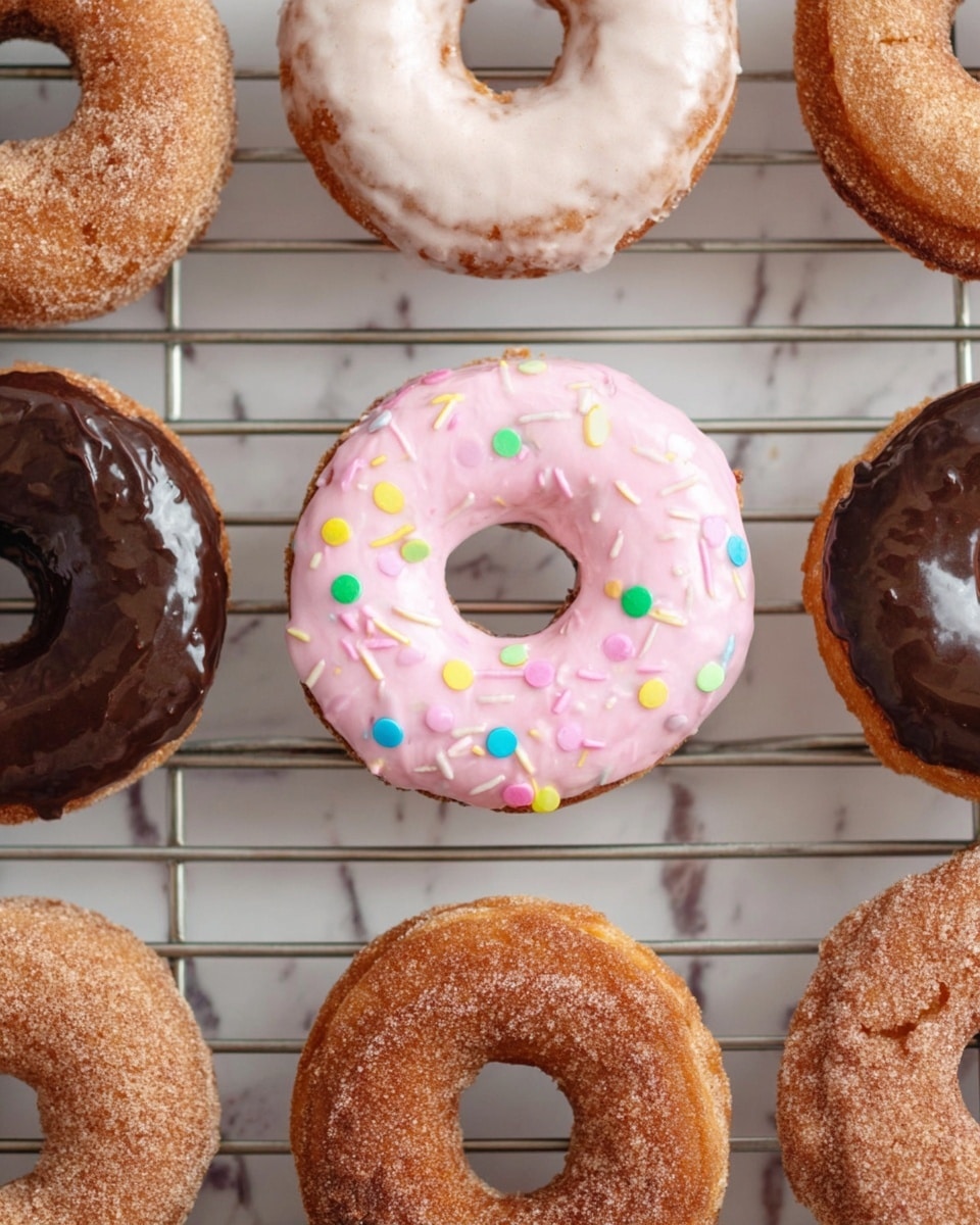 The image shows nine donuts on a metal cooling rack over a white marbled surface. The donuts are arranged in three rows, each with three donuts. The center donut has a light pink icing layer with colorful round confetti sprinkles scattered on top. To its left and bottom right, there are two donuts with smooth, dark chocolate glaze layers. Surrounding these are three donuts with a shiny white glaze layer, and two donuts coated with a cinnamon sugar layer that has a rough texture. Each donut has a golden brown dough base visible around the edges and middle hole. photo taken with an iphone --ar 4:5 --v 7