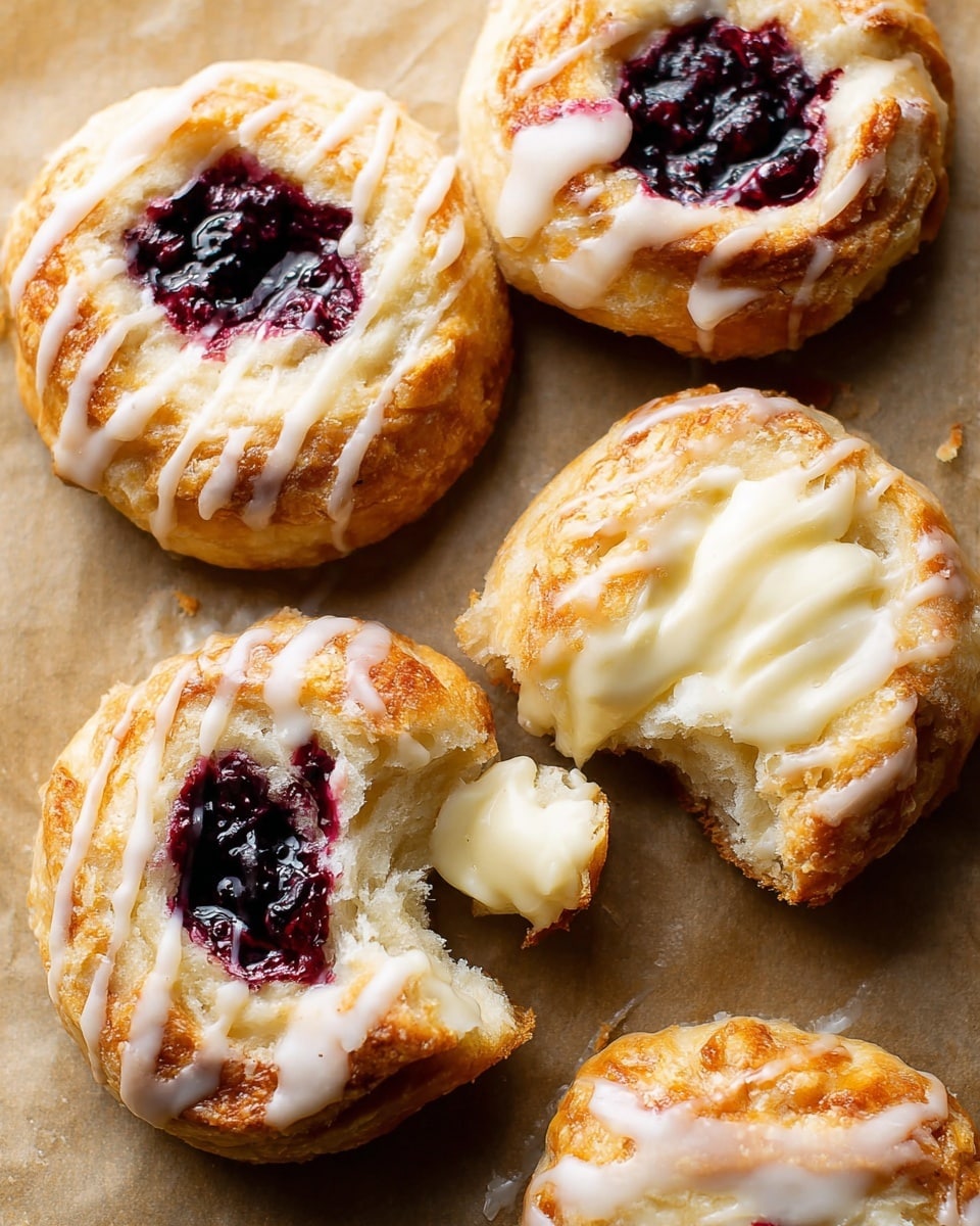 The image shows five round pastries with a golden-brown, flaky crust, each topped with a drizzle of white icing. Two pastries have a dark purple berry filling in the center, creating a rich contrast with the light dough. One pastry in the middle has a bite taken out of it, revealing a soft, fluffy inside with a creamy white filling under the icing. The pastries lie on a light brown parchment-like surface, all close to each other. The overall scene highlights the texture differences between the crust, filling, and icing. photo taken with an iphone --ar 4:5 --v 7