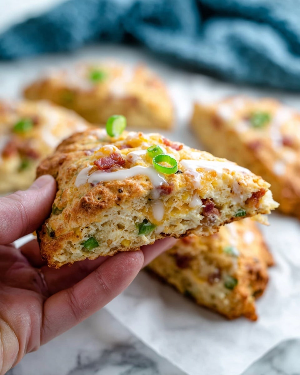 A close-up of a woman’s hand holding a golden-brown scone slice, showing its fluffy inner layers with bits of green herbs and pink bacon mixed inside, topped with a small piece of green onion and a drizzle of white glaze. The scone slice is thick and slightly crumbly, with a textured, browned crust. In the background, other triangular scone pieces with similar toppings rest on white parchment paper, all set on a white marbled surface with a blurred blue cloth in the distance. Photo taken with an iphone --ar 4:5 --v 7