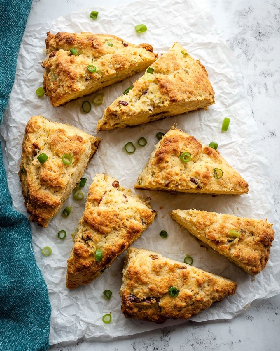 The image shows seven golden brown scones with a rough and crumbly texture, each cut into a triangle shape. They are placed on crinkled white parchment paper, which lies on a white marbled surface. The scones have small bits of darker ingredients mixed throughout, with some green onion slices sprinkled on and around them for color contrast. A teal cloth is partially visible on the left side. The scones look thick and fluffy with a slightly crispy top photo taken with an iphone --ar 4:5 --v 7