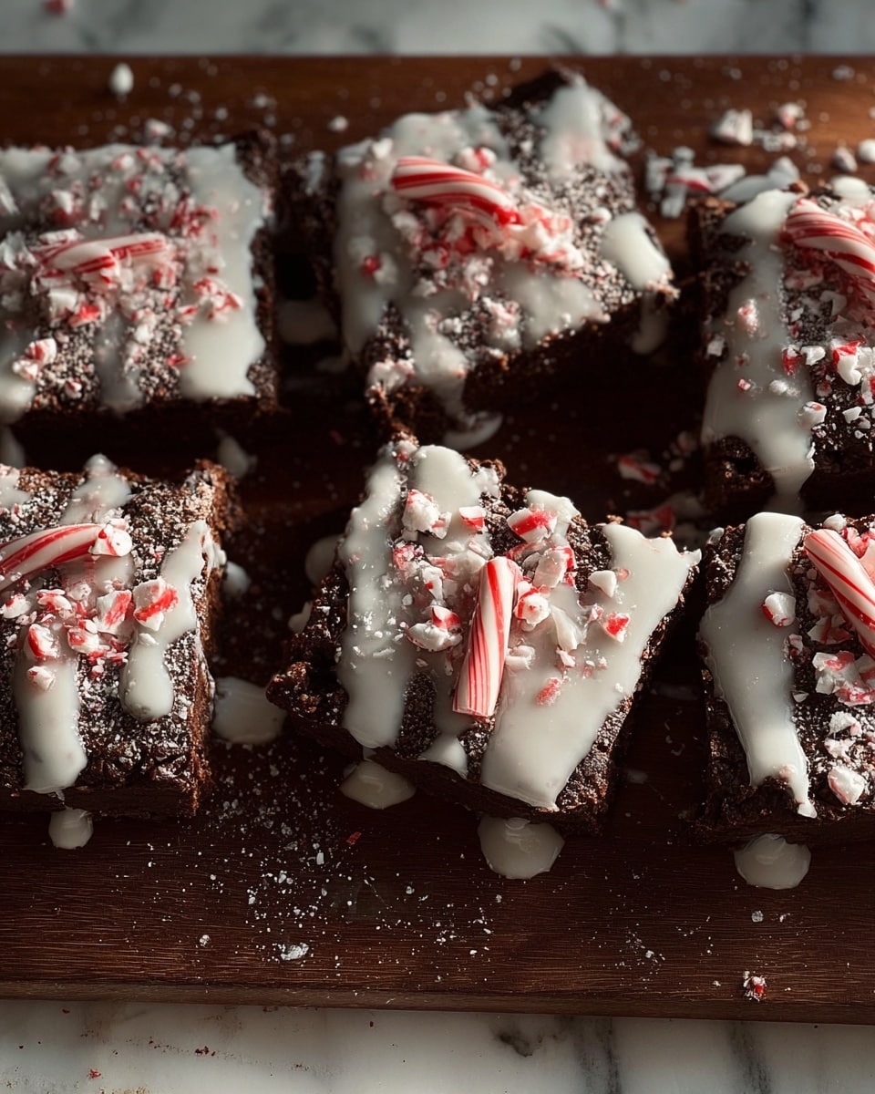 The image shows five square-shaped chocolate treats arranged in a circle on a dark wooden board, with one piece missing from the middle. Each treat has a rough textured dark brown base layer, topped with a shiny white icing that drips down the sides. Crushed red and white peppermint candy pieces are scattered unevenly on top, adding a crunchy look. Small striped candy cane pieces are tucked under the edges of a few treats, peeking out slightly. The whole scene is set against a white marbled texture. Photo taken with an iphone --ar 4:5 --v 7