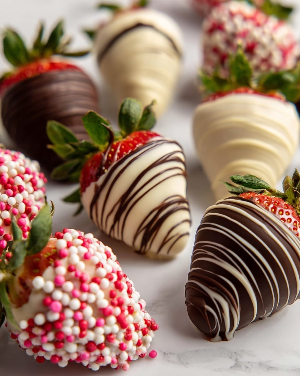 The image shows a close-up of several strawberries covered in different types of chocolate, all placed on a white marbled surface. There are four types of decorated strawberries: one covered fully in dark chocolate with textured dark chocolate lines on top, one covered fully in white chocolate with white chocolate lines on top, one covered fully in dark chocolate with white chocolate lines drizzled over it, and one coated in white, pink, and red round sprinkles. The strawberries have bright green leaves on top and are arranged scattered, with some in clear focus and others blurred in the background. photo taken with an iphone --ar 4:5 --v 7