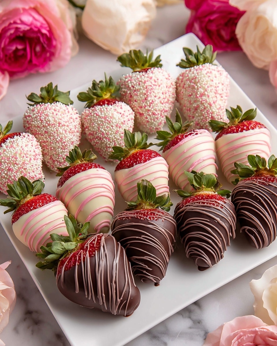 A white square plate holds three rows of large strawberries each covered in different chocolate styles creating a total of 12 strawberries. The back row has a white chocolate coating dotted with tiny pink and white round sprinkles, giving a rough texture and soft creamy white and pink colors. The middle row has a smooth milk chocolate layer with thin light pink chocolate drizzles creating a striped effect across each strawberry. The front row shows strawberries fully covered in dark chocolate with fine lines of dark chocolate drizzled on top, making a textured shiny dark brown surface. The strawberries have green leaves at the top and are arranged neatly side by side on a white marbled surface with soft pink and white flowers around the plate. photo taken with an iphone --ar 4:5 --v 7
