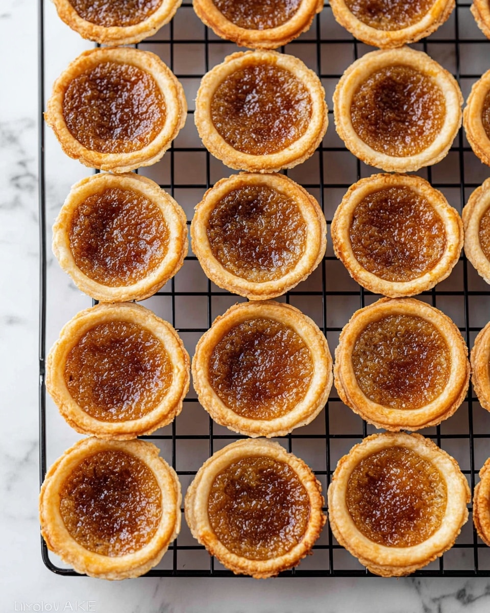 Twelve small butter tarts arranged in four rows of three on a black cooling rack, placed on a white marbled surface. Each tart has a golden flaky crust that forms a round shell holding a smooth, glossy brown filling with a slightly caramelized top layer that looks textured and bubbly. The tarts are uniform in size, showing slight variations in the crust edge thickness and filling surface. photo taken with an iphone --ar 4:5 --v 7