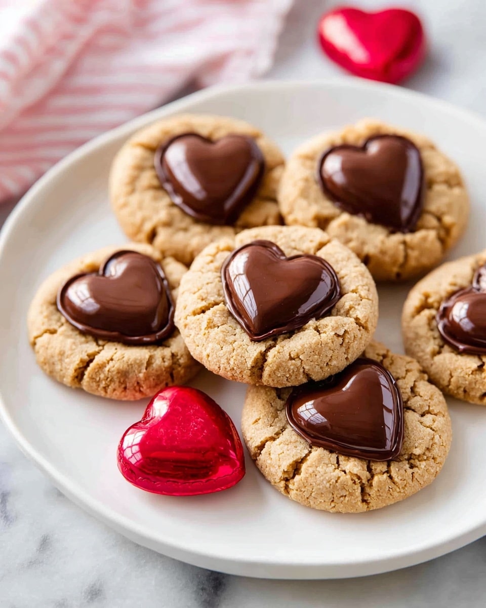 A white round plate is filled with six light brown, cracked cookies each topped with a smooth, glossy dark brown heart-shaped chocolate piece in the center. Three shiny red heart-shaped chocolates are placed around the cookies on the plate. The plate sits on a white marbled surface with a pink and white striped cloth partially visible in the top left corner. photo taken with an iphone --ar 4:5 --v 7