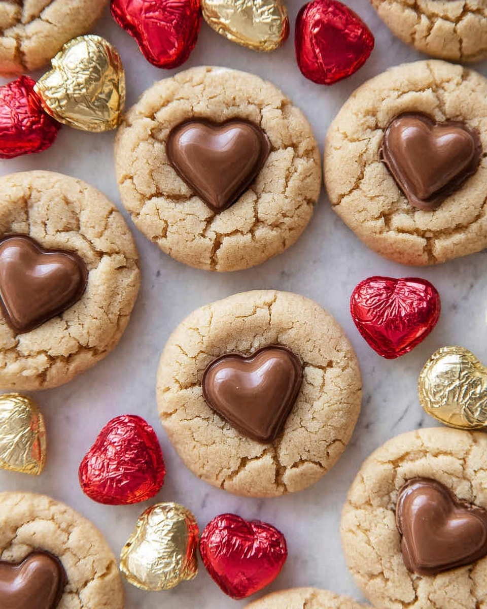 A close-up view of several round, light golden cookies with cracked surfaces, each topped with a smooth, glossy milk chocolate heart centered on top. Scattered around the cookies are small heart-shaped chocolates wrapped in shiny red and gold foil. The treats are placed on a white marbled texture surface. photo taken with an iphone --ar 4:5 --v 7