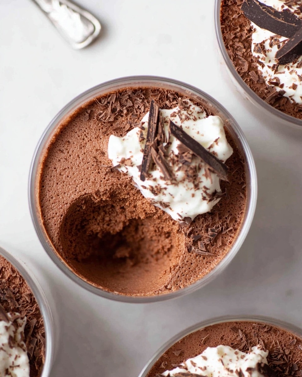 The image shows a close-up top view of a creamy chocolate mousse served in a small white bowl, with one scoop taken out revealing its light, airy texture. The mousse is a deep brown color, fluffy and slightly porous, topped with a small dollop of white whipped cream and thin, dark chocolate shavings scattered on top. Around the main bowl, there are parts of two more bowls, filled with the same mousse and a similar whipped cream and chocolate shaving garnish. The white marbled surface adds a clean and fresh feel to the image. photo taken with an iphone --ar 4:5 --v 7