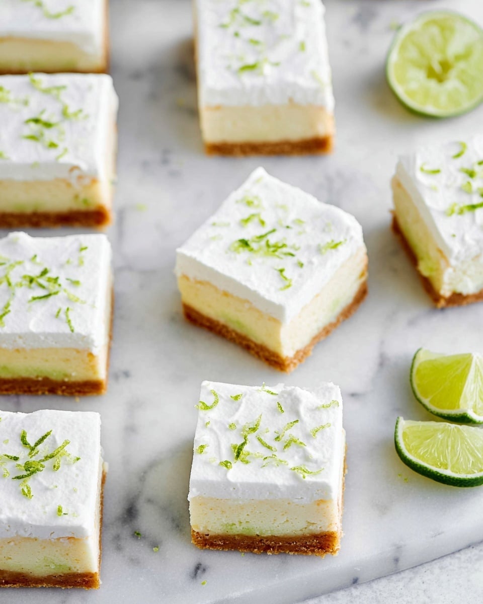 The image shows eight square lime dessert bars arranged on a white marbled surface. Each bar has three visible layers: a thin, light golden brown crust at the bottom, a smooth, pale yellow lime filling in the middle, and a thick, white whipped topping layer on top. Small green lime zest pieces are scattered evenly across the white topping. In the top right corner, there is a wedge of lime resting on the white marbled surface. The bars are placed with some space between them, showing the clean cut edges clearly. photo taken with an iphone --ar 4:5 --v 7