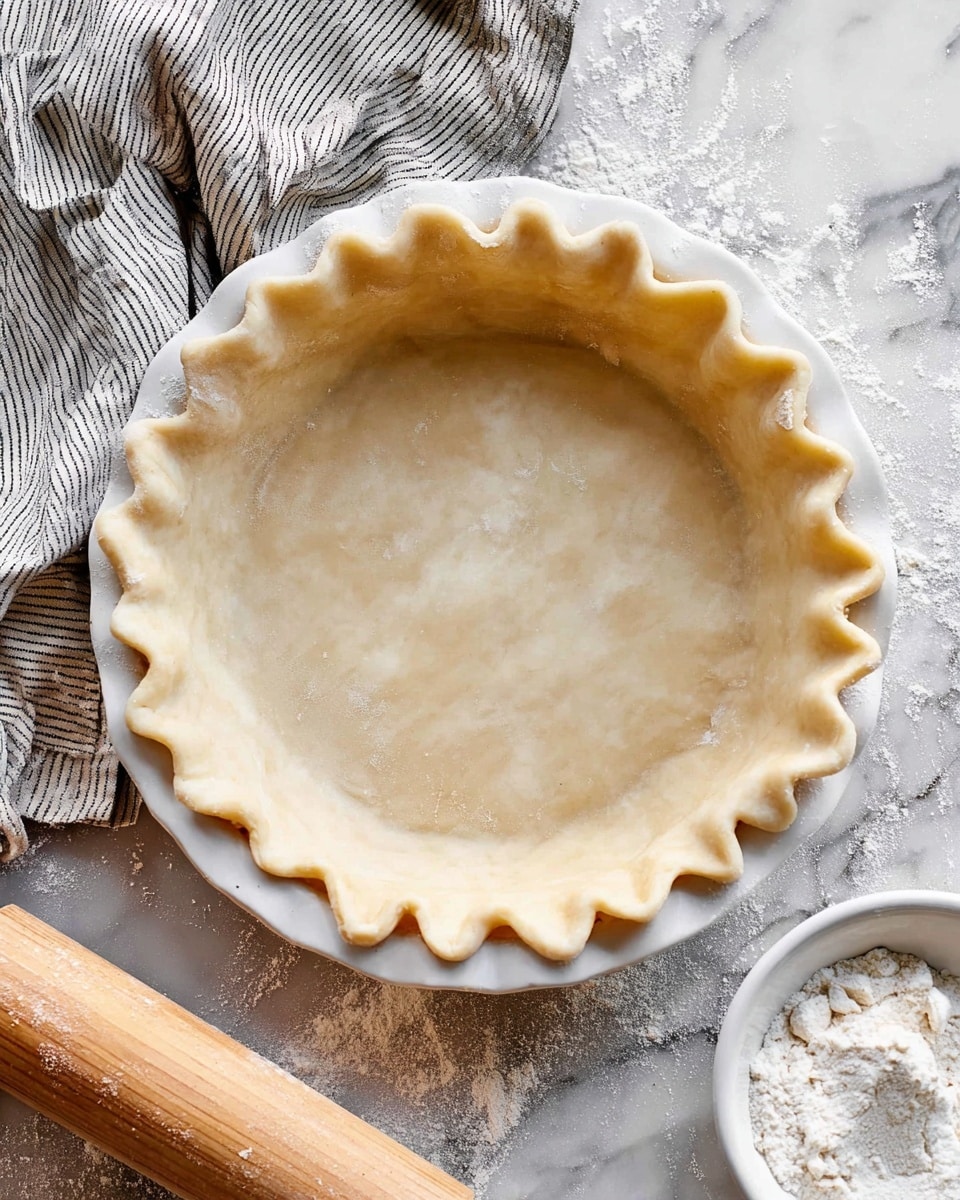 The image shows a white pie dish filled with unbaked pie crust dough. The dough has one layer and is light beige in color with a fluted edge along the top rim of the dish. The dish sits on a white marbled textured surface sprinkled lightly with flour. A striped cloth is casually placed behind the pie dish, and a wooden rolling pin is partially visible in the lower left corner. A small white bowl with flour is placed near the bottom right edge of the image. Photo taken with an iphone --ar 4:5 --v 7