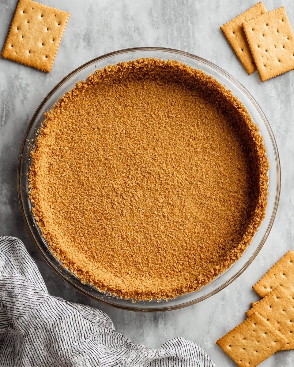 A round graham cracker crust with a coarse, crumbly texture lines a clear glass pie dish. The crust is evenly pressed up the sides and across the bottom, showing a warm golden-brown color. Around the pie dish, there are four whole rectangular graham crackers with a light tan color and small perforations, placed on a white marbled surface. There is a soft gray and white striped cloth partially visible at the lower left corner. photo taken with an iphone --ar 4:5 --v 7