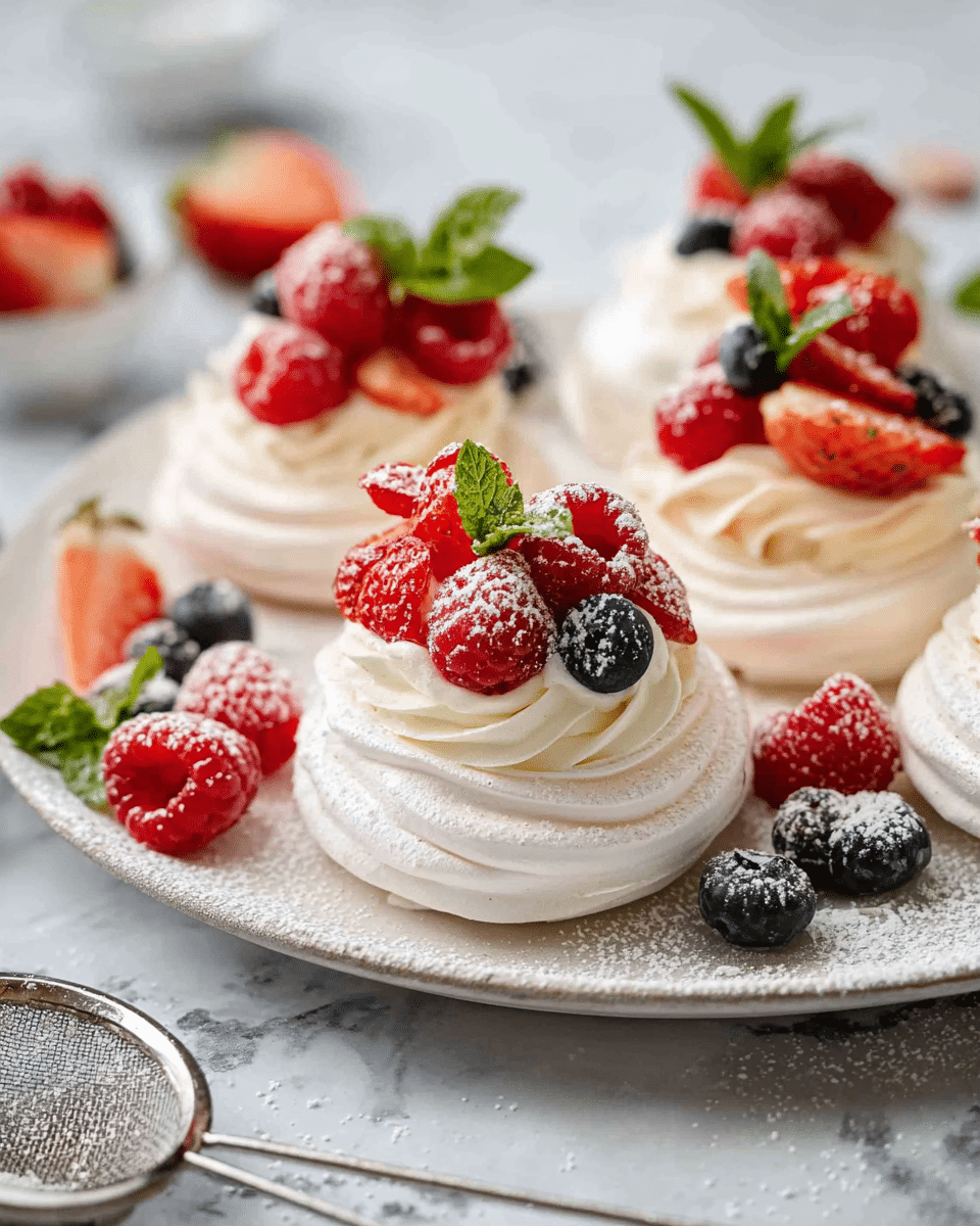 The image shows several small pavlova nests placed on a white plate with a slightly raised edge. Each pavlova has three main layers: the bottom layer is a smooth, white meringue with swirled texture; the middle layer is a thick, creamy white topping; the top layer includes fresh red strawberries, bright red raspberries, dark blueberries, and small green mint leaves. The pavlovas and some berries are dusted with white powdered sugar. The plate rests on a white marbled surface, which also has scattered berries, mint leaves, and a small metal sieve with some powdered sugar inside. photo taken with an iphone --ar 4:5 --v 7