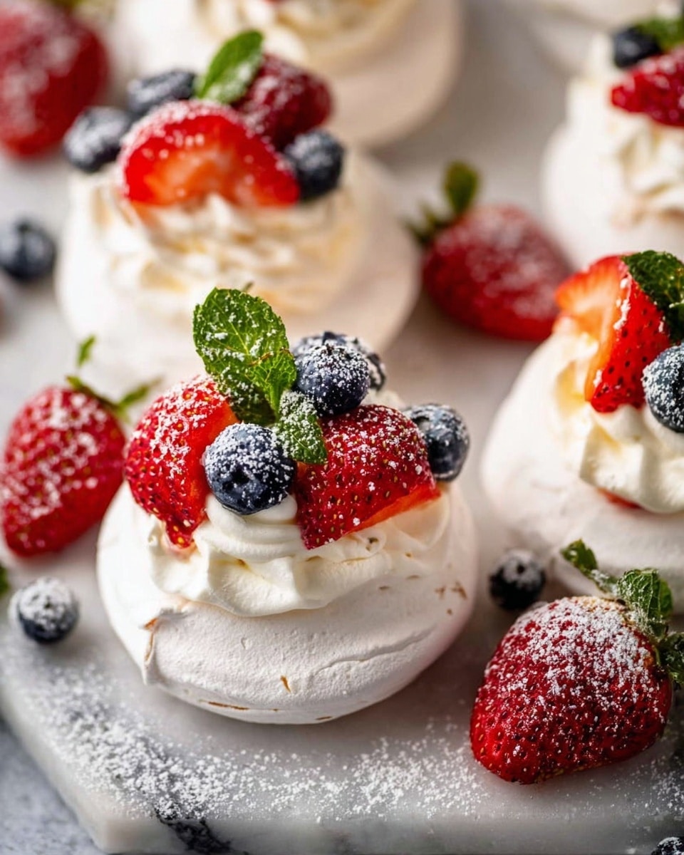 The image shows several small white round meringue nests on a white marbled surface, each topped with a creamy white layer of whipped cream. On top of the whipped cream, there are fresh bright red strawberries, dark blue blueberries, and some green mint leaves, all dusted lightly with white powdered sugar. Around the meringues, there are extra whole strawberries scattered on the white marbled surface, also dusted with powdered sugar. The overall colors are bright and fresh, with soft textures from the cream and crunchy texture of the meringue. Photo taken with an iphone --ar 4:5 --v 7