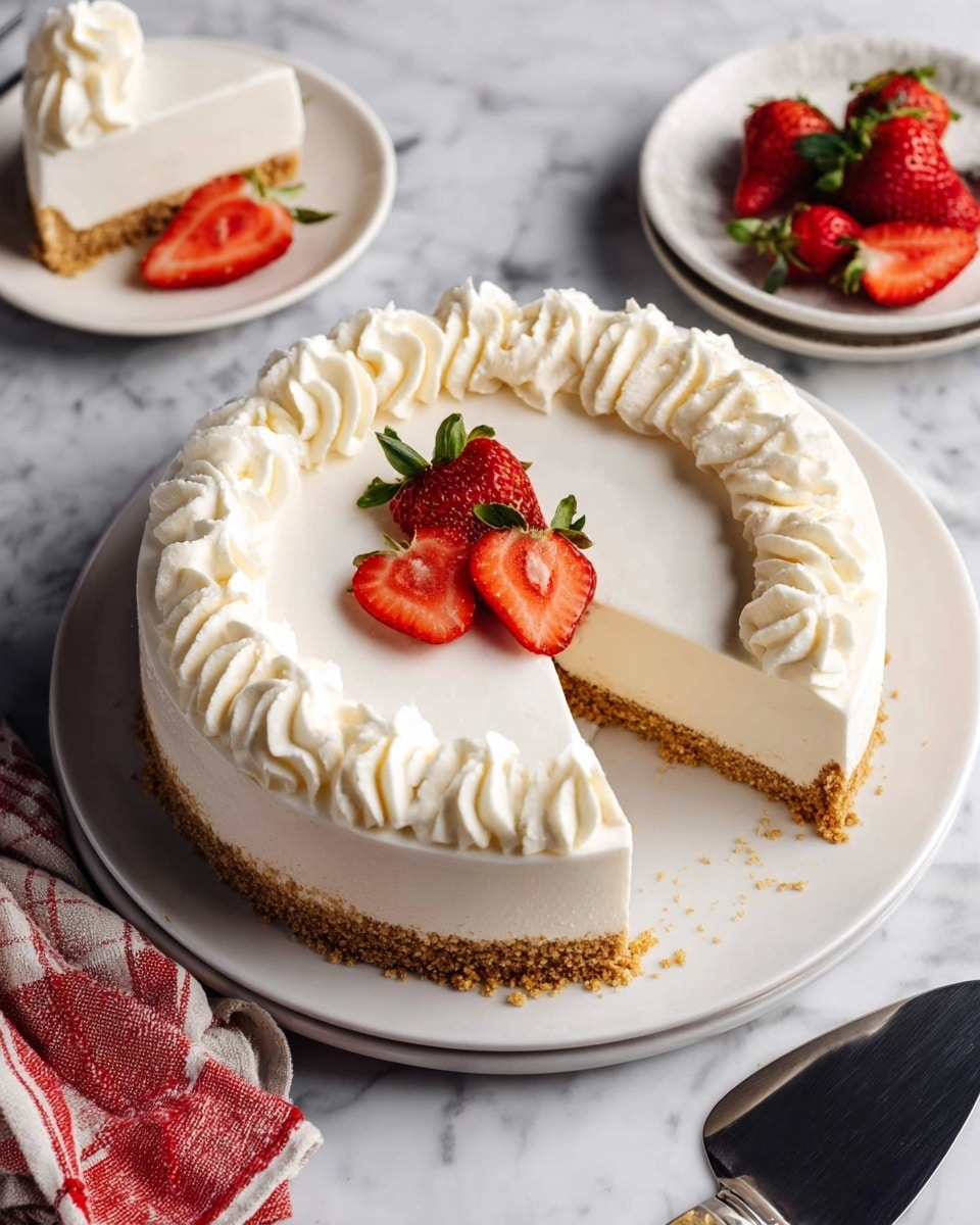 A round dessert with two main layers is shown on a white plate on a white marbled surface. The bottom layer is a light brown crumbly crust, while the top layer is thick, smooth, and white, likely a creamy filling. The edge of the top layer is decorated with white whipped swirls evenly spaced around the circle. A sliced strawberry with green leaves is placed in the center as decoration. Three slices have been cut and slightly pulled out, revealing the two layers clearly. Nearby, there are whole strawberries and another white plate with a slice of the dessert and sliced strawberries. Utensils wrapped in a red and white cloth are visible at the bottom left, and a metal spatula rests near the bottom right. Photo taken with an iphone --ar 4:5 --v 7