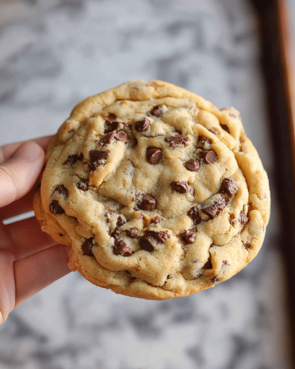 A close-up view of a single thick chocolate chip cookie being held by a woman's hand. The cookie is golden brown with visible chocolate chips scattered throughout. The cookie has a soft but slightly crisp texture with a slightly uneven surface. The background shows a baking tray with a white marbled texture. Photo taken with an iphone --ar 4:5 --v 7