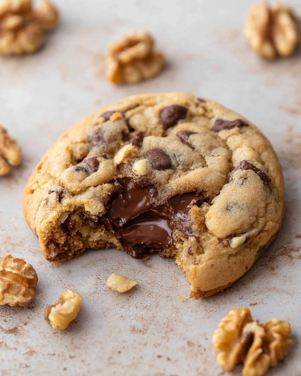 A thick, round chocolate chip cookie with a slightly golden-brown top and soft texture is shown with a bite taken out of the bottom edge, revealing gooey, melted dark chocolate inside. The cookie has visible chunks of walnuts mixed throughout, giving a rough and chunky look to the surface. It rests directly on a white marbled texture with whole walnuts and walnut pieces scattered nearby, adding a natural touch to the scene. photo taken with an iphone --ar 4:5 --v 7
