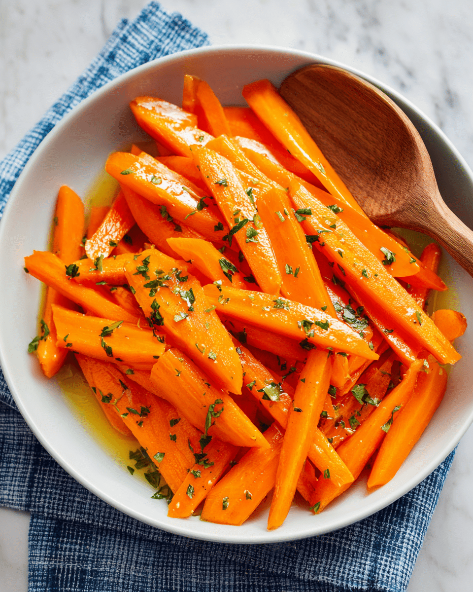 A white bowl is filled with bright orange carrot sticks cut into long, thin pieces. The carrots are shiny with a light coating of oil or dressing and sprinkled evenly with finely chopped green herbs. A wooden spoon rests in the bowl, with the spoon part partly covered by some carrot sticks. The bowl sits on a blue checkered cloth, all placed on a white marbled surface. photo taken with an iphone --ar 4:5 --v 7
