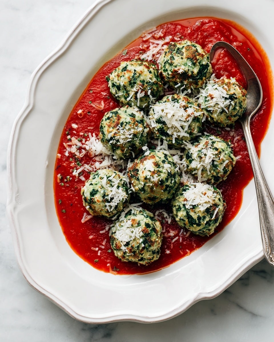 A white scalloped oval plate sits on a white marbled surface, filled with a layer of bright red tomato sauce that spreads unevenly across the plate's bottom. On top are about twelve round spinach and cheese balls, each textured with bright green and white colors, and sprinkled lightly with shredded white cheese. A silver spoon rests to the right side, partially dipped in the sauce, adding a metallic shine. The overall look is vibrant with the contrast of green balls against the red sauce and white plate. Photo taken with an iphone --ar 4:5 --v 7