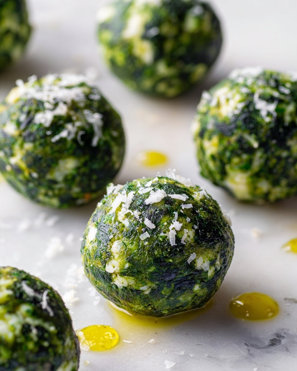 This image shows several small round balls made with green spinach and white cheese mixed together, placed on a white marbled surface. Each ball has a smooth, moist texture with a few grated white cheese strands scattered on top and around them. Tiny drops of yellow oil or melted butter are visible on the surface, giving a shiny look and adding a bit of gloss. The arrangement is close-up, showing the detailed texture of the green spinach and cheese mixture in each ball. photo taken with an iphone --ar 4:5 --v 7