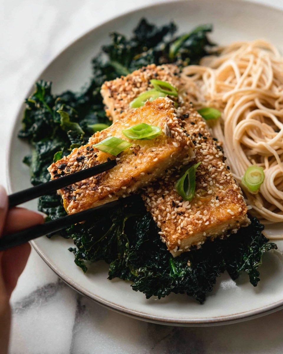 The image shows a close-up of a white plate with three main parts: on the left, there is a bed of dark green wilted kale leaves; on the right, a small pile of beige noodles is loosely arranged. On top of the kale, there are two rectangular pieces of sesame-crusted tofu stacked slightly, with a golden-brown and crisp sesame seed outer layer and a light pink inside visible where a woman's hand using black chopsticks is holding a piece. A few small green onion slices are sprinkled on top of the tofu, and the whole scene is set on a white marbled surface. photo taken with an iphone --ar 4:5 --v 7