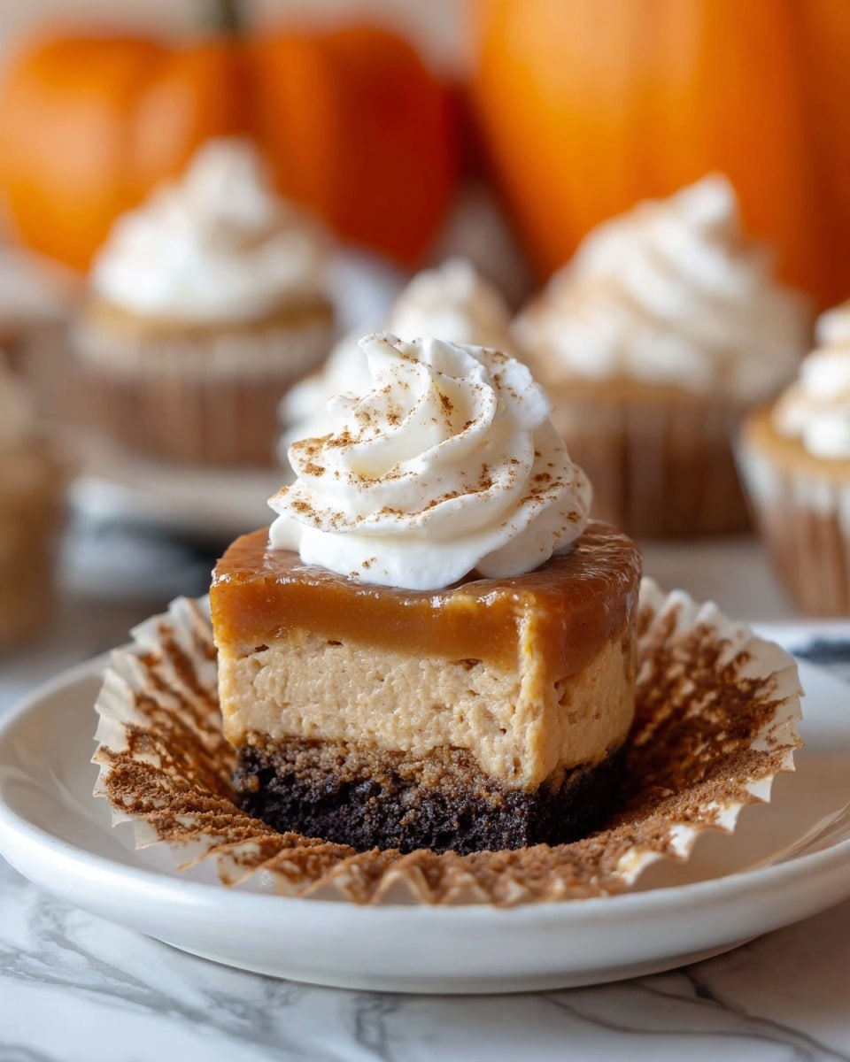 A close-up view of a small cupcake with three clear layers, starting with a dark cookie crumb base at the bottom, followed by a thick, light brown creamy middle layer with visible small bits, topped by a smooth darker caramel-like layer. On top, there is a generous dollop of white whipped cream sprinkled lightly with brown spice. The cupcake wrapper is peeled back, resting on a white plate sitting on a white marbled surface, with blurred orange pumpkins and more cupcakes with white topping in the soft background. Photo taken with an iphone --ar 4:5 --v 7