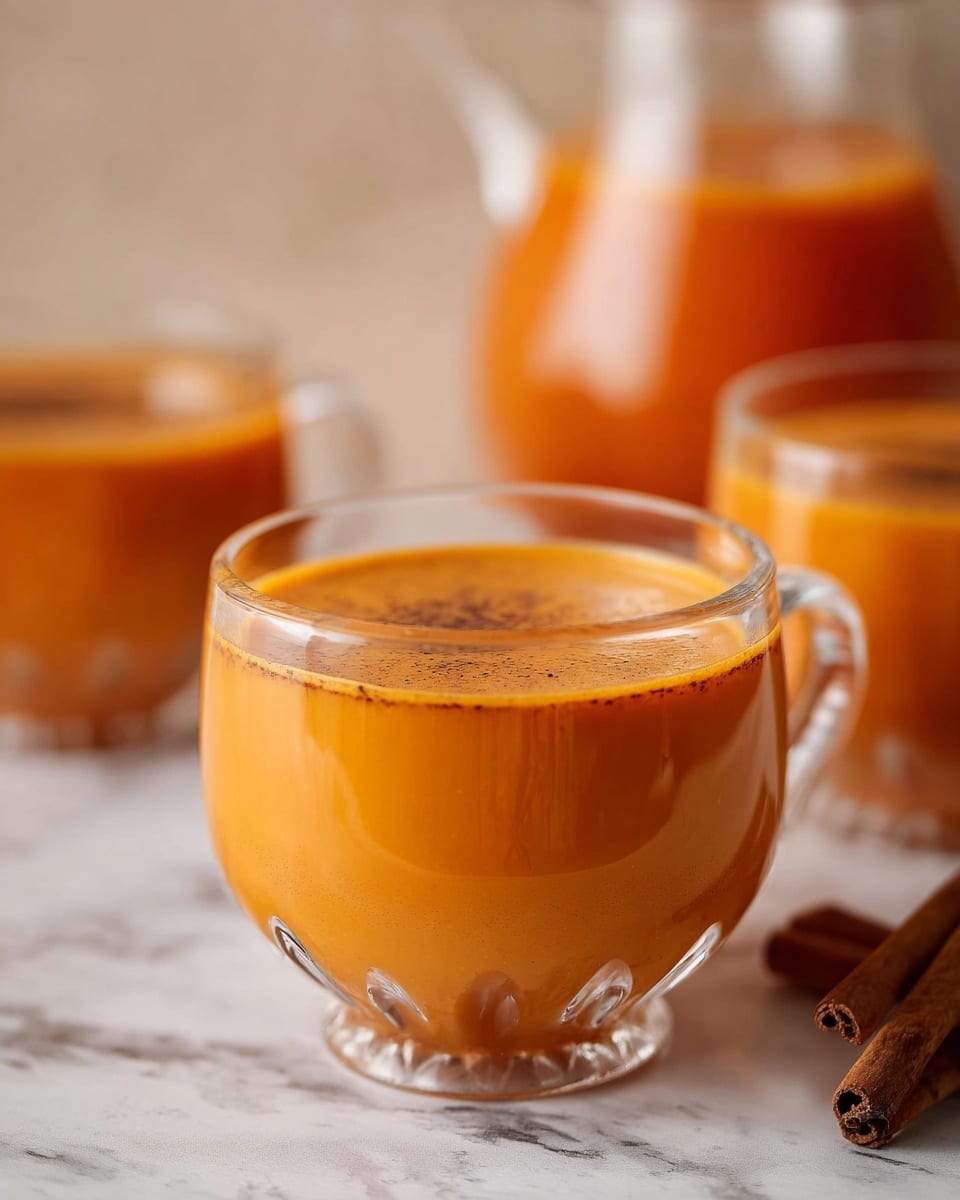 The image shows a close-up of a clear glass cup filled with a smooth, bright orange liquid, likely a pumpkin or carrot soup, with a thin layer of dark spices floating on top. The cup has a wavy rim and a handle on the side. In the background, there are more similar clear glass cups and a glass jug filled with the same orange liquid, all placed on a white marbled texture surface. To the right, there are a few cinnamon sticks lying beside the cup, adding warm brown tones to the scene. The overall setting has a soft, warm light giving a cozy feeling. photo taken with an iphone --ar 4:5 --v 7