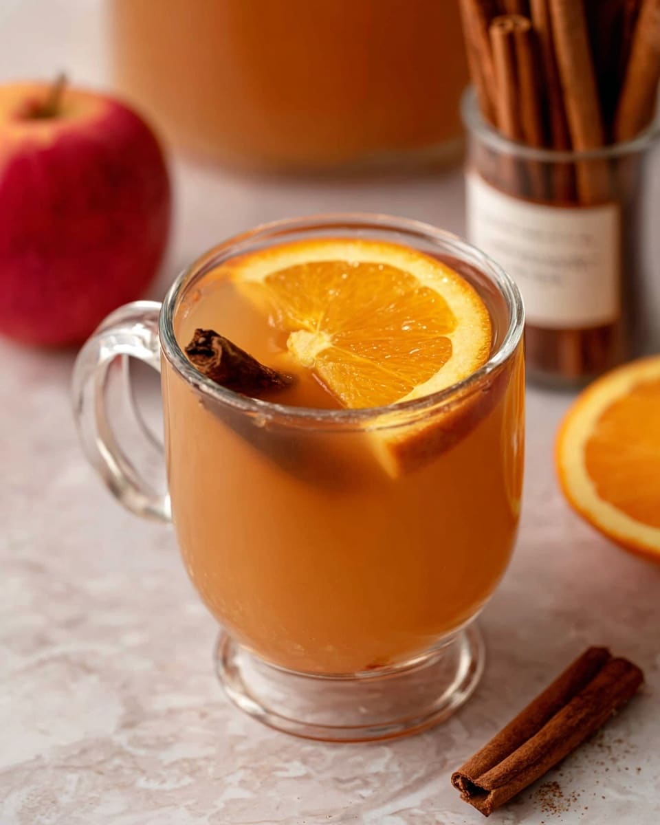 A clear glass mug filled with a warm, light brown drink, topped with a bright orange slice resting on the surface and a dark brown cinnamon stick next to it, all set on a white marbled texture. In the background, out of focus, there is a bundle of cinnamon sticks in a clear container with a white label, and a red apple on the left side. The warm colors of the drink contrast with the white marbled texture underneath. photo taken with an iphone --ar 4:5 --v 7