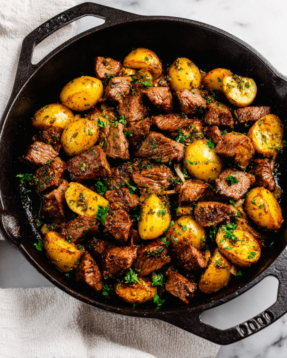 The image shows a white plate filled with roasted potato chunks and browned pieces of meat, all mixed together. The potatoes are golden brown with a slightly crispy surface and a sprinkle of herbs, while the meat pieces are juicy and browned, with some texture visible from searing. Small green herb leaves are scattered on top for a fresh touch. The plate sits on another white plate, placed on a white marbled surface. In the background, a black cast iron skillet with a wooden spatula rests slightly out of focus. Photo taken with an iphone --ar 4:5 --v 7