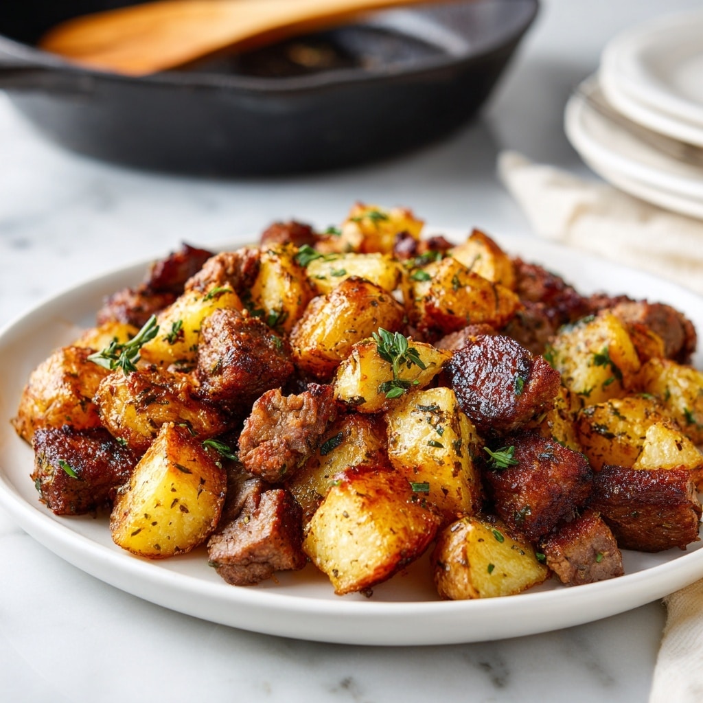 A black cast iron pan filled with browned, cubed pieces of meat mixed with halved golden-yellow roasted potatoes, both covered in a mix of dark herbs and small green parsley leaves scattered on top. The pan handle extends to the right side, resting on a white marbled surface with a white cloth partially visible on the left edge. photo taken with an iphone --ar 4:5 --v 7