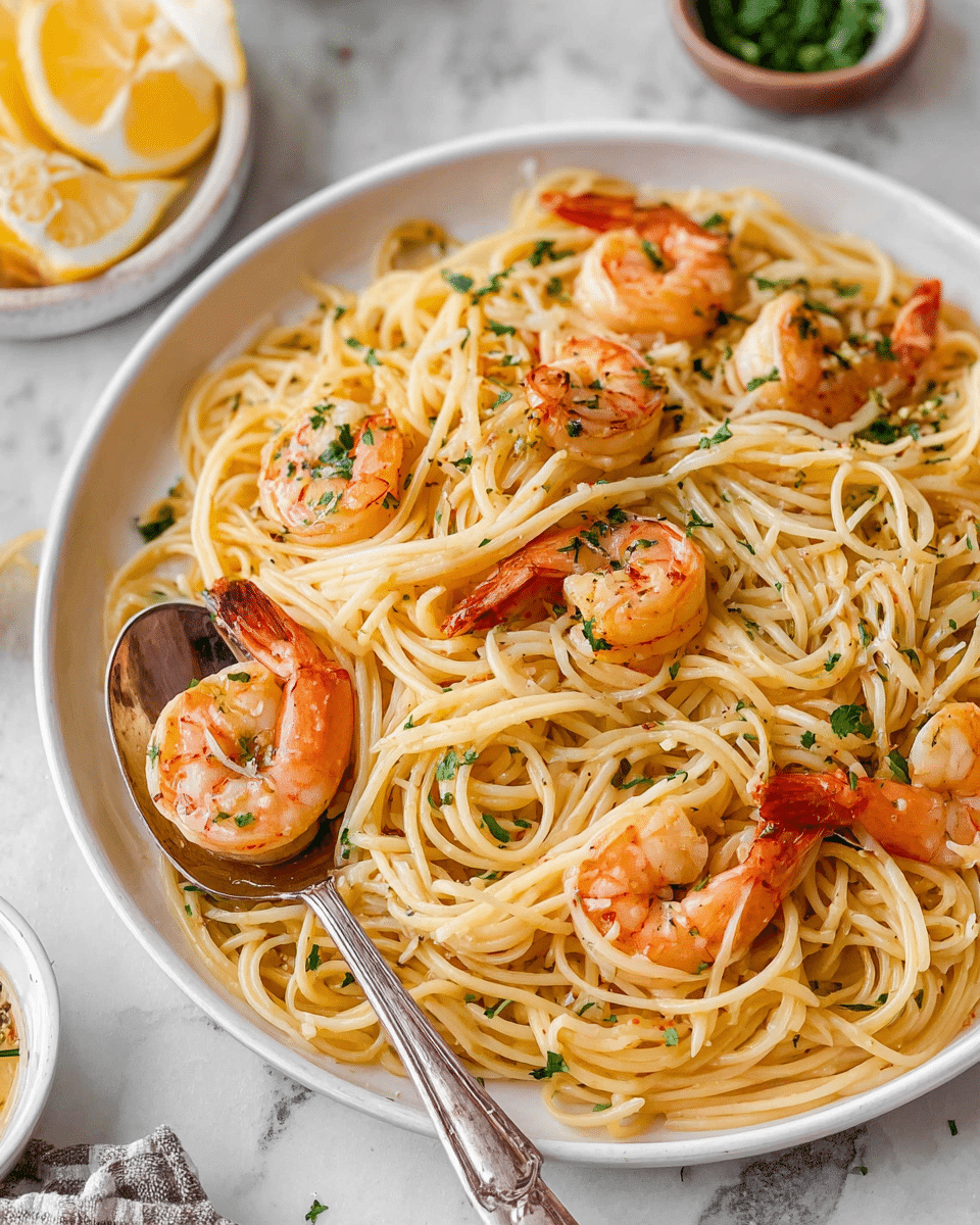 A white bowl filled with long, light golden spaghetti noodles evenly mixed with medium-sized orange and pink cooked shrimp, topped with small green parsley bits. Two vintage silver spoons rest on the right side of the bowl, one holding a shrimp. Around the bowl, there are two clear glasses filled with a light yellow drink, a small white dish with coarse salt, a small white plate holding two lemon wedges, and a gray and white checkered cloth on a white marbled surface. photo taken with an iphone --ar 4:5 --v 7