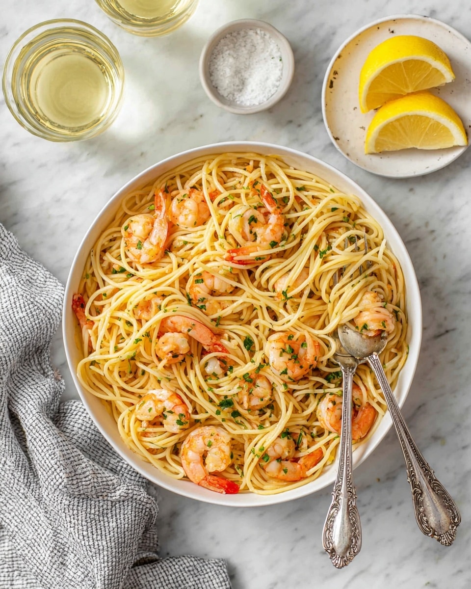 A white plate filled with long, light golden spaghetti noodles twisted and piled high, mixed with several pink-orange cooked shrimp scattered throughout, their tails a deeper reddish color. Small bits of green chopped herbs are sprinkled on top of the noodles and shrimp. A vintage silver spoon rests on the left side of the plate, holding two shrimp on top of noodles. The plate is set on a white marbled surface with small bowls partially visible around, including one with lemon wedges and another with green herbs. photo taken with an iphone --ar 4:5 --v 7