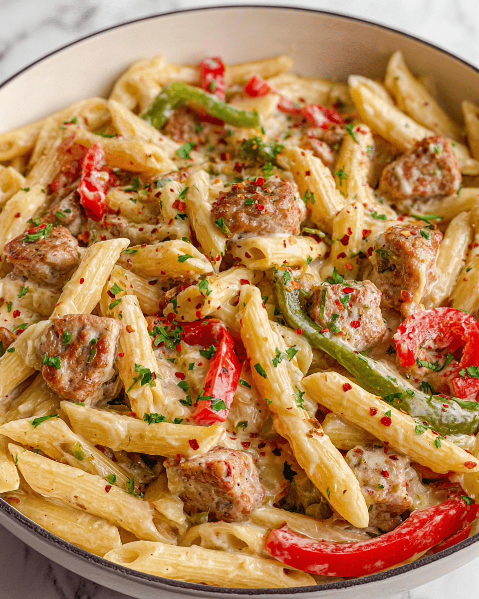 A close-up of a creamy pasta dish in a large round white bowl, showing three main layers: the pale yellow penne pasta as the base, mixed with chunks of browned sausage pieces and strips of cooked red and green bell peppers, all coated in a smooth light cream sauce. The dish is sprinkled with small green herb leaves and crushed red pepper flakes scattered evenly on top, adding color contrast and texture. The background is a white marbled surface. photo taken with an iphone --ar 4:5 --v 7