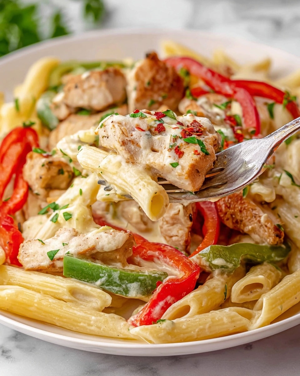 The image shows a close-up of a creamy pasta dish served on a white plate on a white marbled surface. The dish has four main layers: the base is made of light yellow penne pasta coated in a creamy white sauce; scattered among the pasta are golden-brown pieces of cooked chicken; on top, there are colorful slices of red and green bell peppers adding bright red and green colors; and to finish, small bits of fresh green herbs and red chili flakes are sprinkled over the dish. A fork lifts a portion of pasta, peppers, and chicken, showing the creamy texture clearly. Photo taken with an iphone --ar 4:5 --v 7
