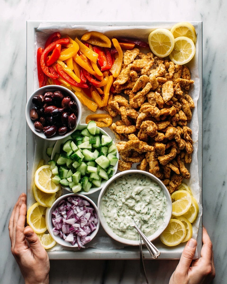 A white tray lined with parchment paper holds a colorful mix of food items, with a woman's hand holding the tray from the bottom right corner and another woman's hand steadying it at the top right. On the right side of the tray is a large pile of cooked, golden brown chicken strips. Above the chicken, a white bowl is filled with small, bright green cucumber cubes. To the left of the chicken is a section of roasted, soft orange bell pepper strips. At the top center of the tray is a small white bowl filled with dark purple olives. Below the olives, a larger white bowl contains a creamy white sauce with green herb flecks, with a spoon resting in it. At the bottom left, a smaller white bowl holds chopped red onions. Several lemon slices are placed around the tray’s edges under the bowls. The whole arrangement is set against a white marbled texture. Photo taken with an iphone --ar 4:5 --v 7