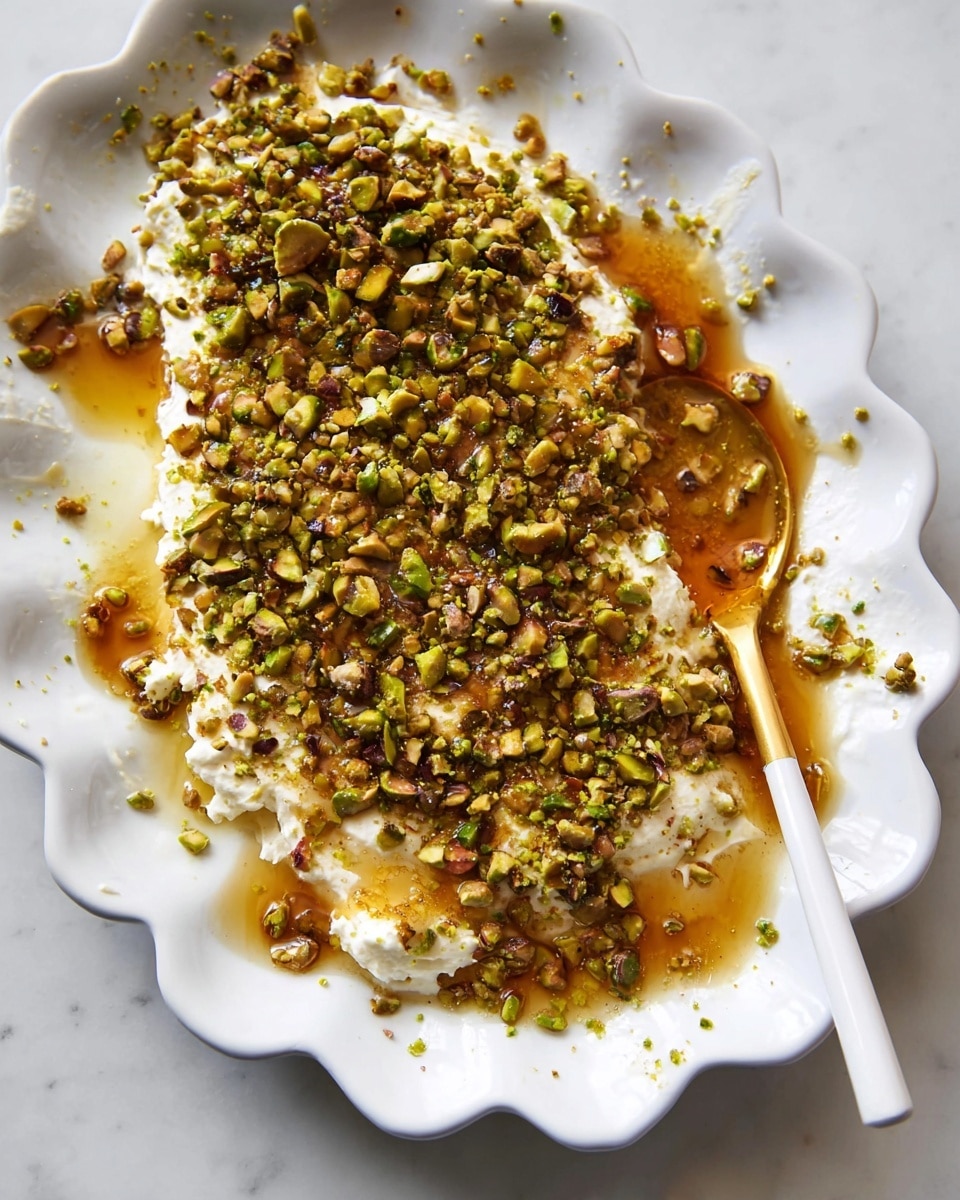 The dish shows a white scalloped plate with a mix of creamy white soft cheese spread unevenly across the base. On top, there is a thick layer of chopped green pistachios scattered with varying sizes, creating a textured look. A rich golden honey drizzle flows over the cheese and nuts, pooling slightly in certain spots and adding a glossy shine. A white spoon with a golden tip rests on the right edge of the plate, partially covered by the cheese and honey mix. The plate sits on a white marbled texture surface. photo taken with an iphone --ar 4:5 --v 7