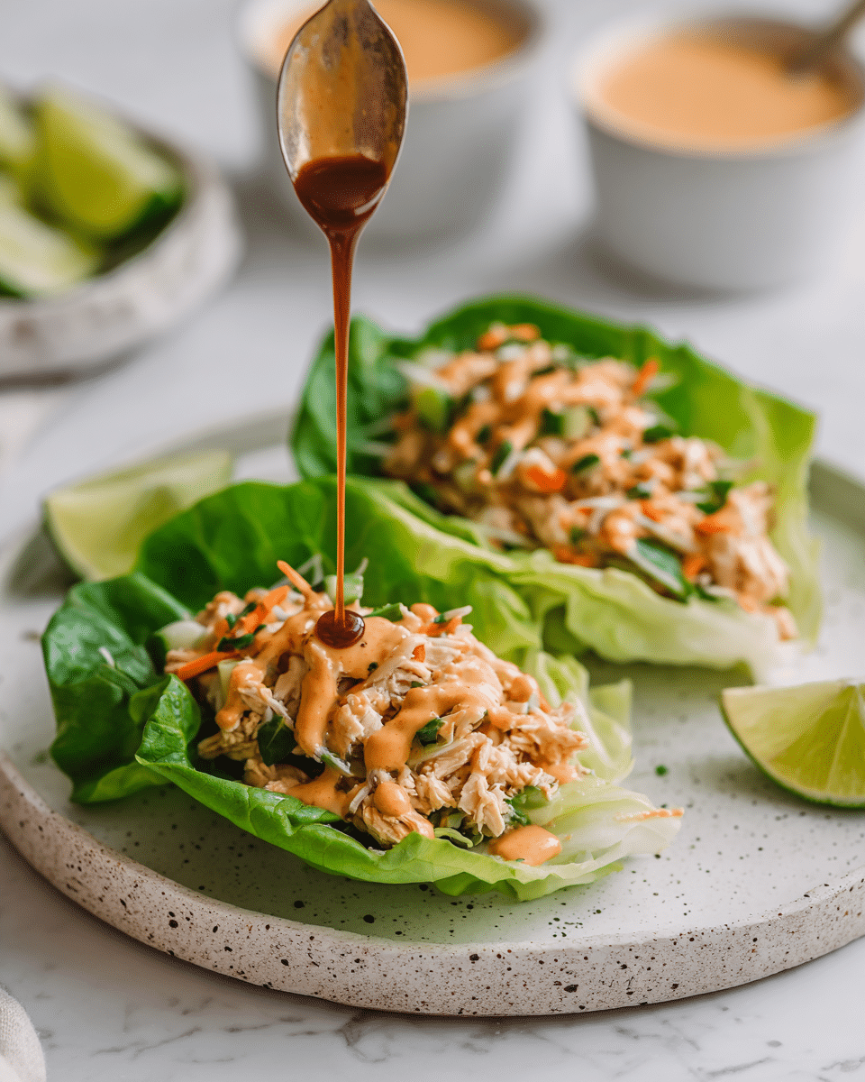 Two lettuce leaf wraps sit on a white plate with a speckled light green center. Each wrap has a bright green lettuce leaf as the base, holding a layer of minced cooked chicken mixed with small chopped veggies in beige, orange, green, and black colors. On top of the chicken layer is a drizzle of light orange creamy sauce. A spoon held by a woman's hand is drizzling a thin thread of dark brown sauce over one of the wraps. In the blurry background, lime wedges and two white bowls with creamy sauce are on a white marbled texture. photo taken with an iphone --ar 4:5 --v 7