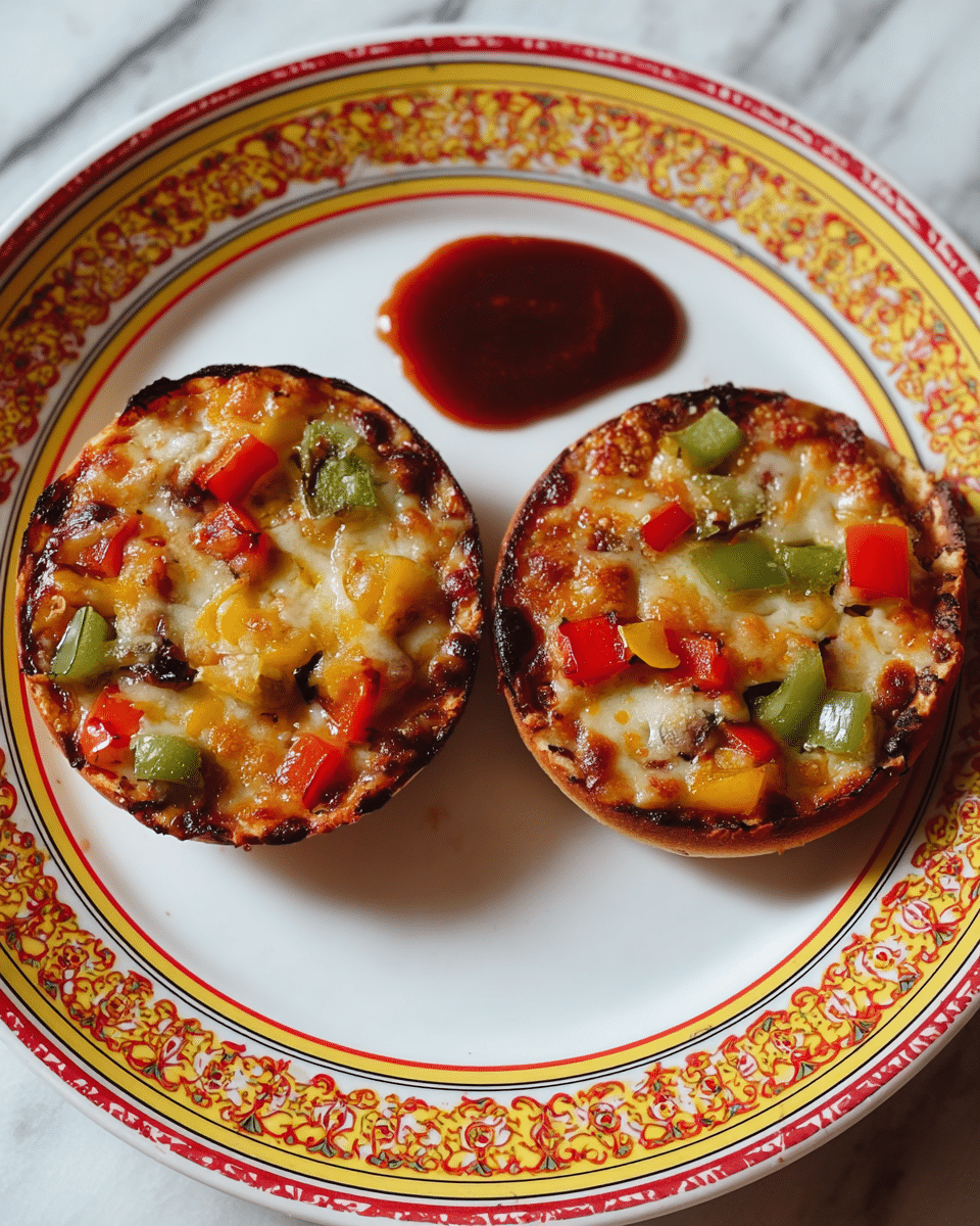 The image shows two small round pizzas placed side by side on a white plate with an intricate yellow and red border. Each pizza has a crisp, dark brown crust topped with melted cheese that is golden in some spots. On top, there are colorful diced vegetables including red, green, and yellow bell peppers. To the side of the pizzas, there is a small pool of dark red sauce on the plate. The background is a white marbled texture. Photo taken with an iphone --ar 4:5 --v 7