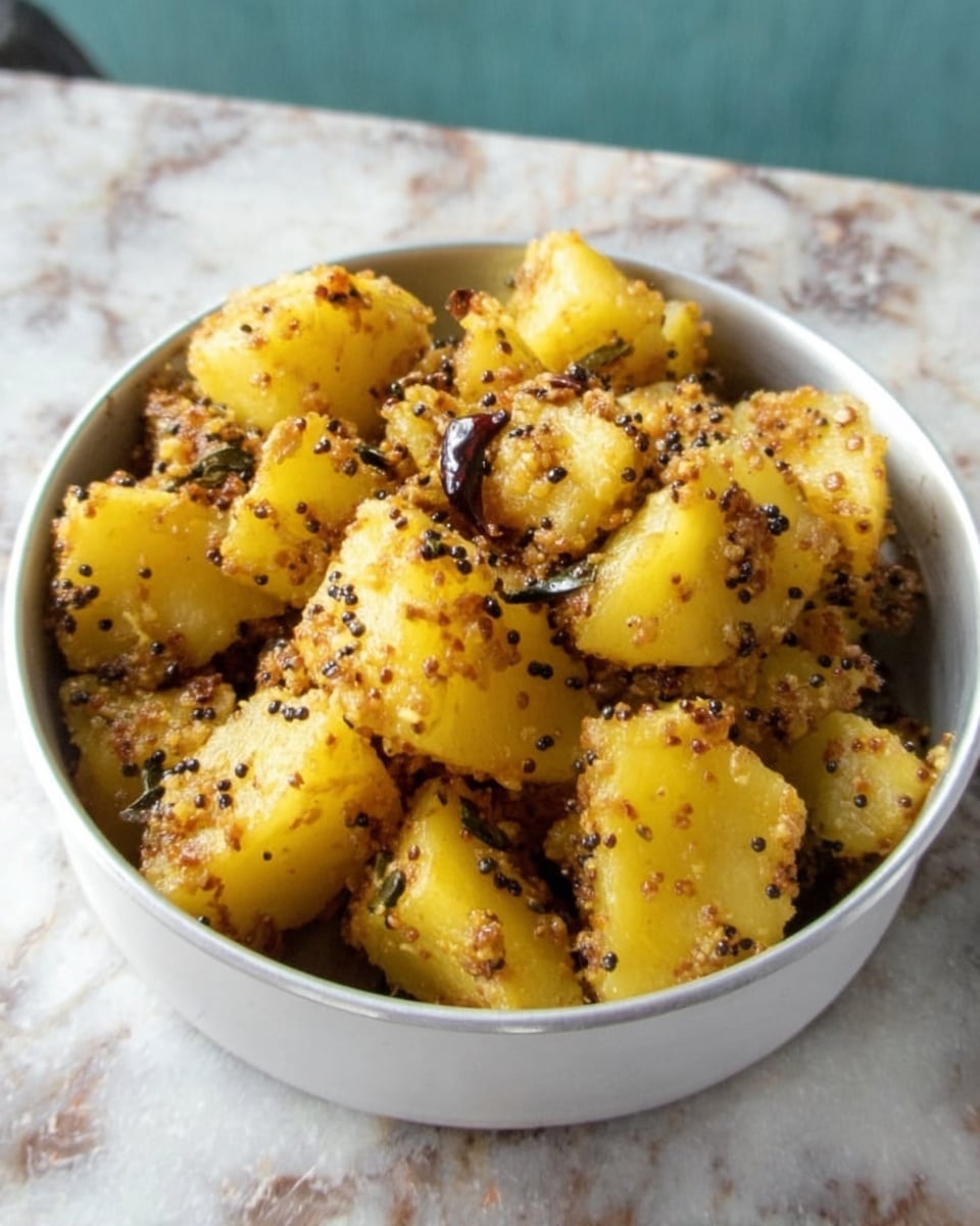 The image shows a white bowl filled with a cooked potato dish made of several chunks of yellow potatoes mixed with brownish toasted spices and small black seeds. The potato pieces appear soft and slightly broken, coated evenly with the spice mixture. The bowl is placed on a white marbled surface with light gray and brown veins. The background has a hint of turquoise color at the top edge. photo taken with an iphone --ar 4:5 --v 7