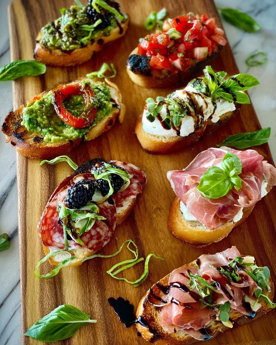 A wooden board holds seven pieces of toasted bread in a loose cluster, each topped with different colorful ingredients. One toast has a layer of green pesto spread with a roasted red pepper strip and green herb curls on top. Another shows a layer of white cheese, bright red chopped tomatoes, and thin green herb ribbons. One piece has a base of creamy white cheese topped with whole blackberries and a small mint leaf. Another toast features folded pink ham with a fresh green basil leaf and thin green herb strands. One has thin slices of red salami atop a green leaf and finely shredded green herbs. Another contains thin slices of prosciutto drizzled with dark balsamic glaze and green herb curls on top. The last toast holds a layer of white cheese, roasted red pepper pieces, and green herb curls with a drizzle of balsamic glaze. Fresh basil leaves and thin herb ribbons scatter around the board, all set on a white marbled surface. photo taken with an iphone --ar 4:5 --v 7