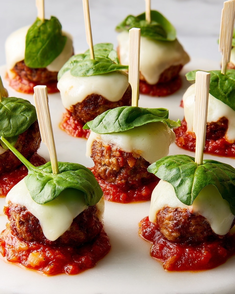 Small round meatballs are arranged on a white marbled surface, each topped with a thick layer of melted white cheese that softens over bright red marinara sauce. Fresh, vibrant green spinach leaves sit neatly on top of the cheese layer, adding a pop of color. Each meatball is pierced with a light wooden skewer standing upright, making them easy to pick up. The sauce beneath is rich and chunky, spreading slightly on the surface, giving a textured base to the meatballs. photo taken with an iphone --ar 4:5 --v 7