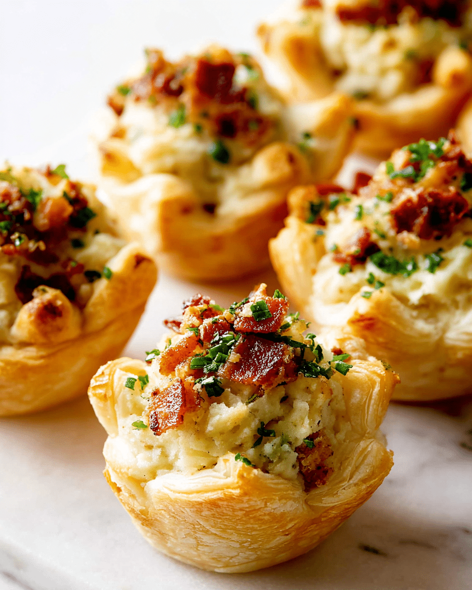 The image shows several small, cupcake-sized savory pastries arranged closely on a white marbled surface. Each pastry has three clear layers: the bottom layer is a golden-brown, flaky pastry crust, the middle layer is creamy and light beige, likely mashed potatoes, and the top layer is a mixture of bits of crispy bacon pieces and finely chopped green herbs, which add color contrast and texture. The pastries look soft and slightly overflowing at the top, with a mix of smooth and rugged textures. Photo taken with an iphone --ar 4:5 --v 7