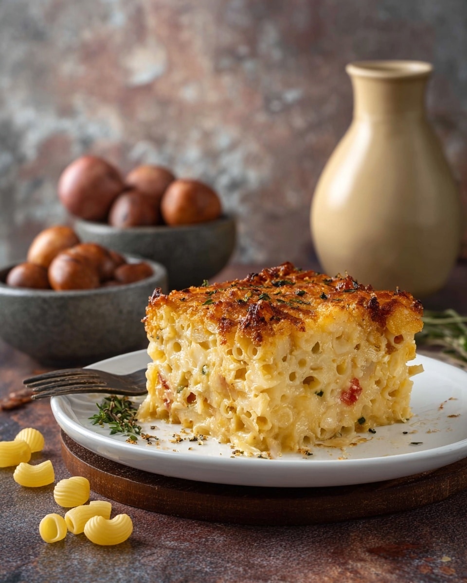 A thick square piece of baked macaroni and cheese sits on a white plate with a fork to the left side, showing a golden brown crispy top layer with small bits of melted cheese and herbs, while the inside is creamy and pale yellow with visible macaroni and small vegetable pieces; the plate is placed on a brown board, and in the blurry background, there is a beige jug and a gray bowl filled with brown round fruits on a white marbled surface, with some uncooked macaroni scattered in the foreground, photo taken with an iphone --ar 4:5 --v 7