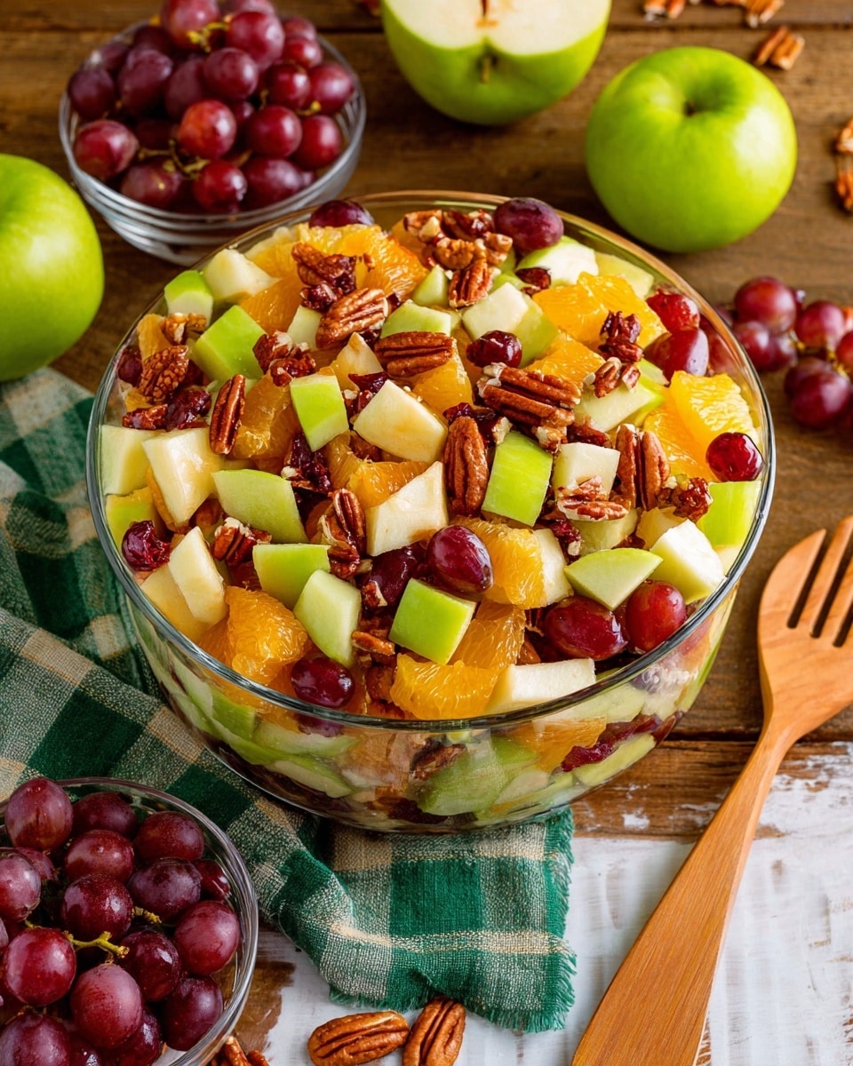 A clear glass bowl filled with a colorful fruit salad, showing about four layers of chopped fruits including green and red apple pieces with bright green and red skin, orange chunks, and red grapes scattered throughout. There are also pecan halves and small dark red dried fruit bits sprinkled on top and mixed inside. The bowl sits on a wooden surface with a green and white checkered cloth nearby, and whole green apples, a halved green apple, and a small clear bowl of red grapes are placed around the main bowl. A wooden salad fork is to the right of the bowl. The background is a white marbled texture. Photo taken with an iphone --ar 4:5 --v 7