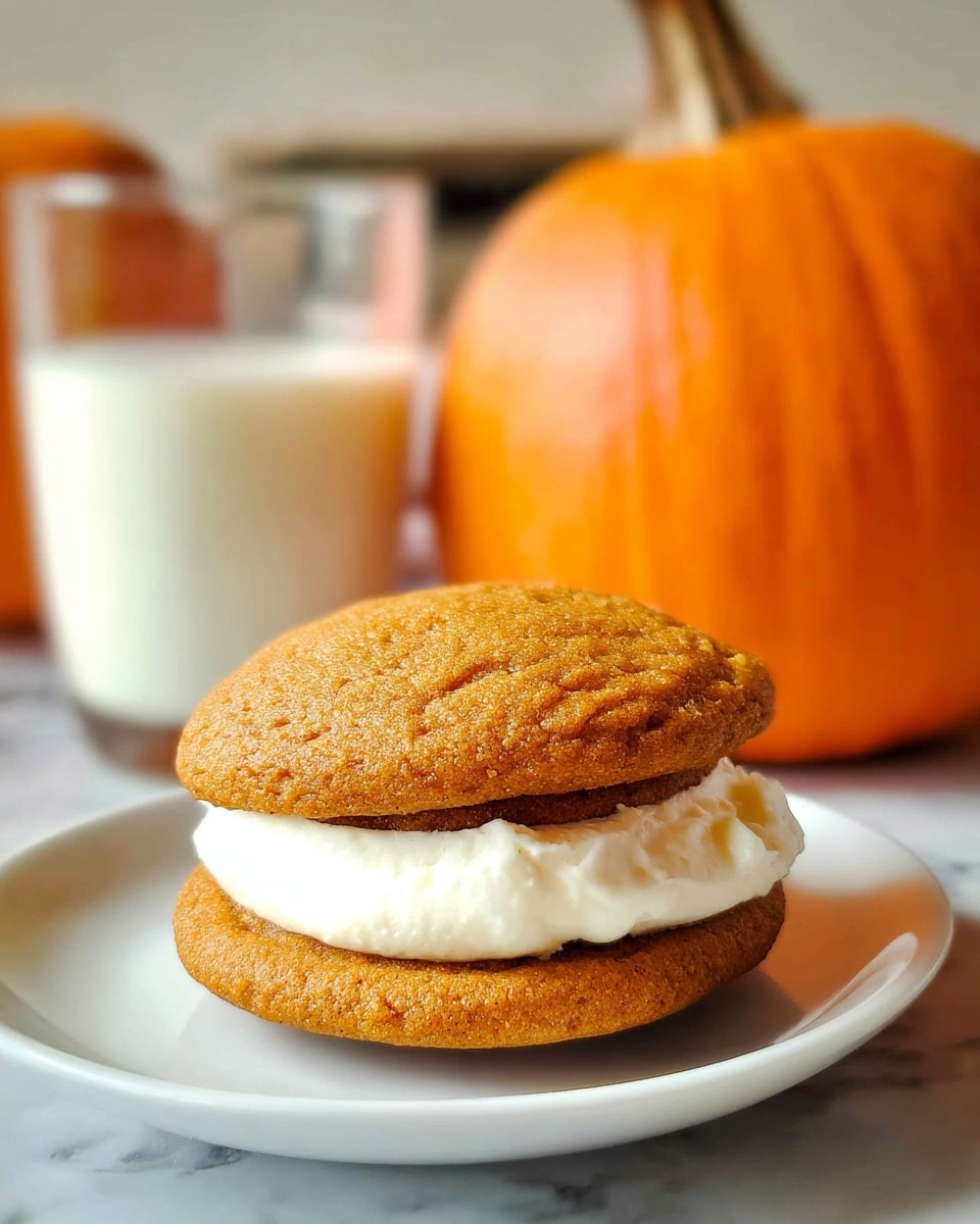 A soft, thick sandwich cookie with two golden-brown pumpkin-colored layers holding a thick, creamy white filling in the middle sits on a white plate. In the blurred background, there is a large, bright orange pumpkin and a glass filled with light-colored milk, all placed on a white marbled surface. Photo taken with an iphone --ar 4:5 --v 7
